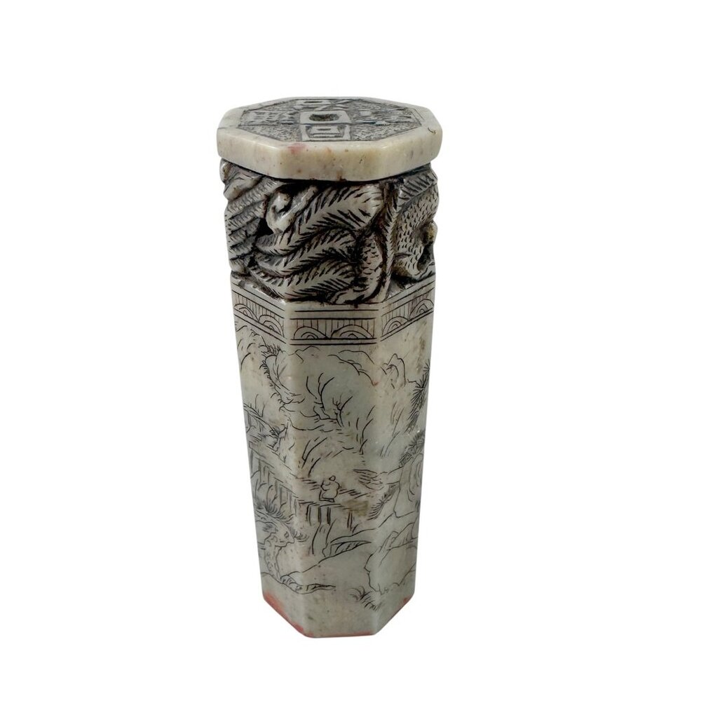 Vintage Asian Jade Stamp Neophrite Carved Dragon and Phoenix Etched Scenes